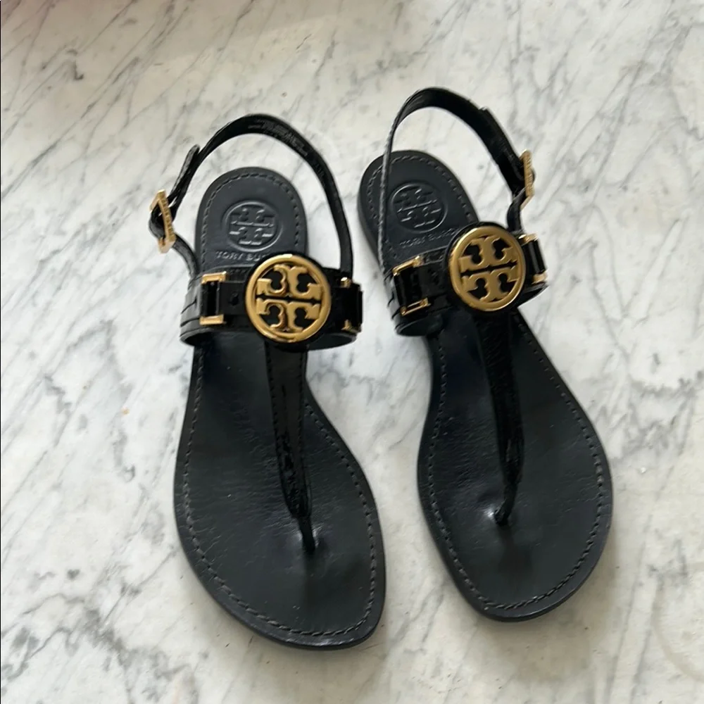 Tory Burch Black and Gold Sandals - Picture 1 of 4